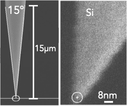 AFM probe tip profile and apex zoom below 10 nm