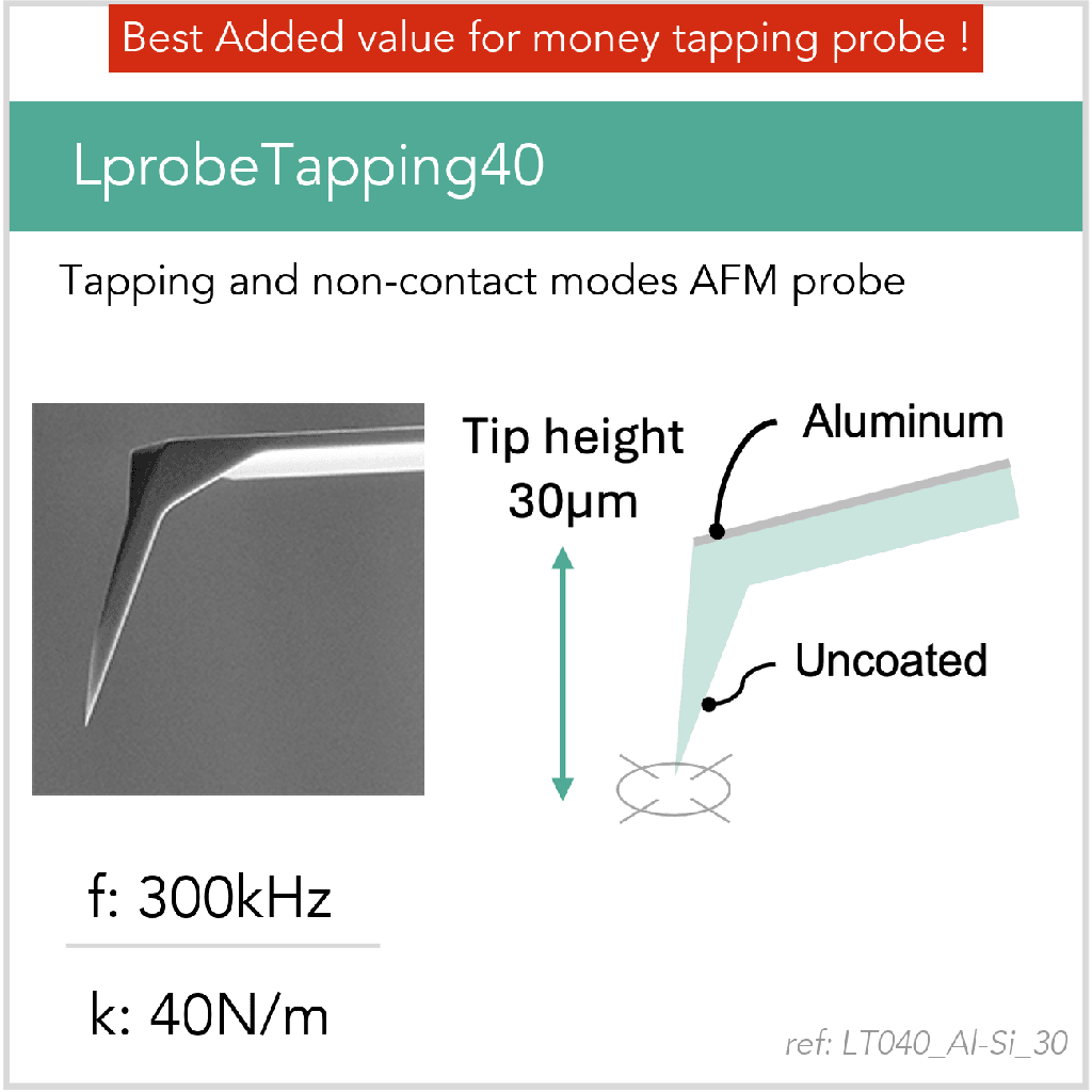 LT040 Al-Si 30 AFM probe by Vmicro with Al/Si coating and 30 µm tip for tapping mode imaging.