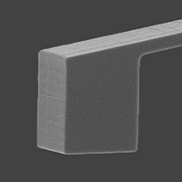 SEM full-view image of Vmicro PC0P2 Au-Si 20 AFM probe showing complete probe geometry